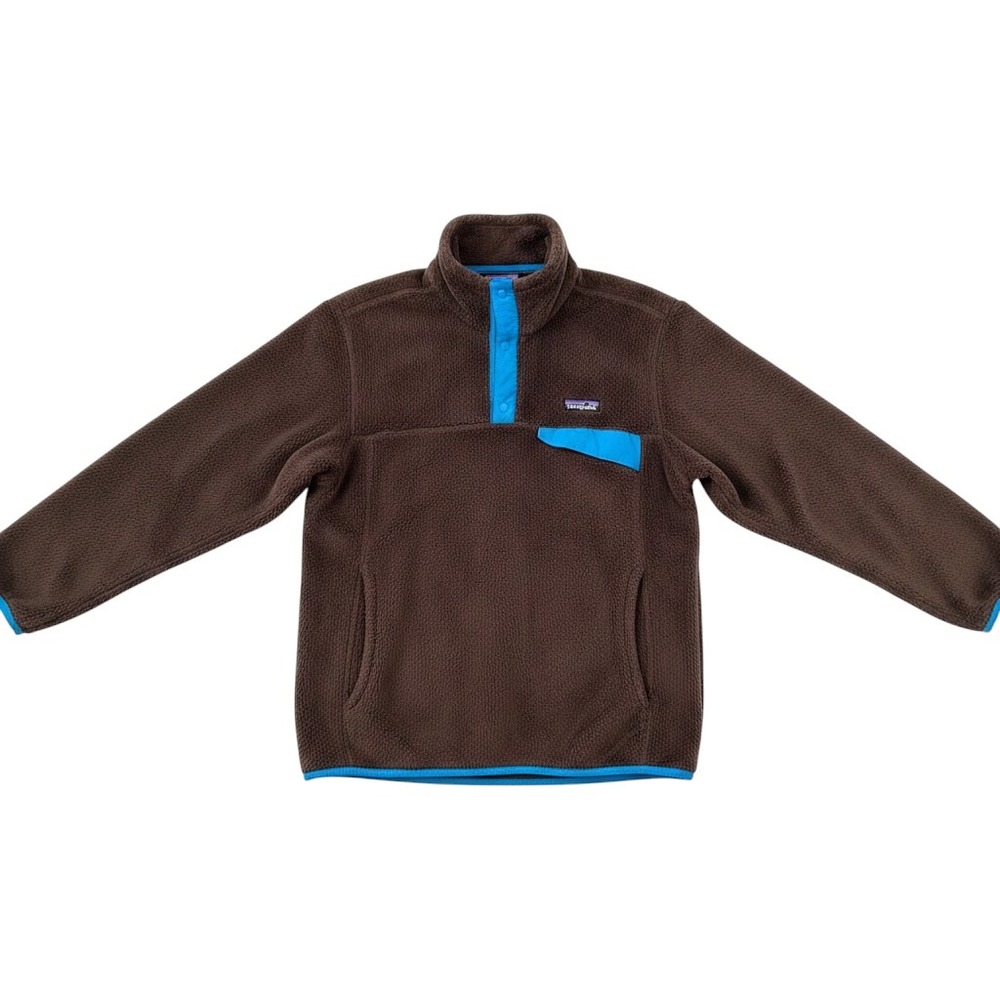Patagonia Re-Tool Snap-T Pullover Women L Brown Blue Trim Fleece Gorpcore Cozy